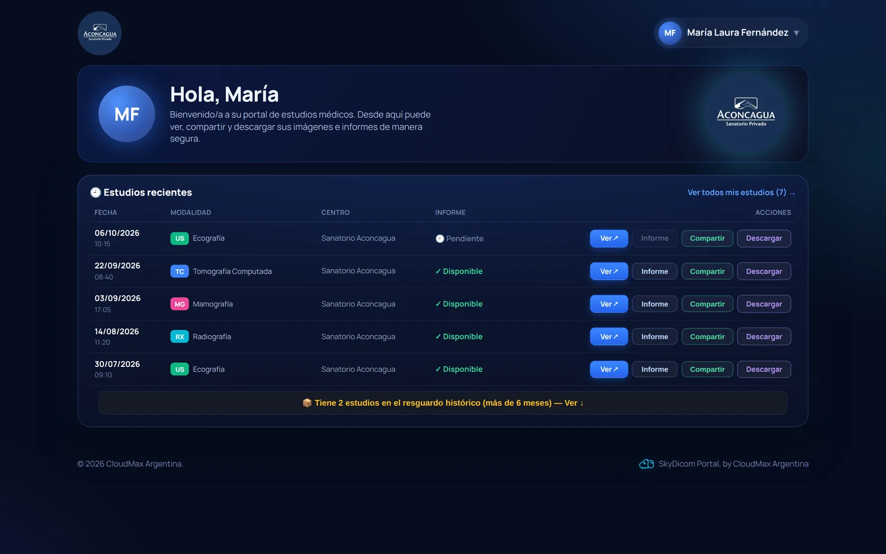 Portal de pacientes con la lista de estudios
