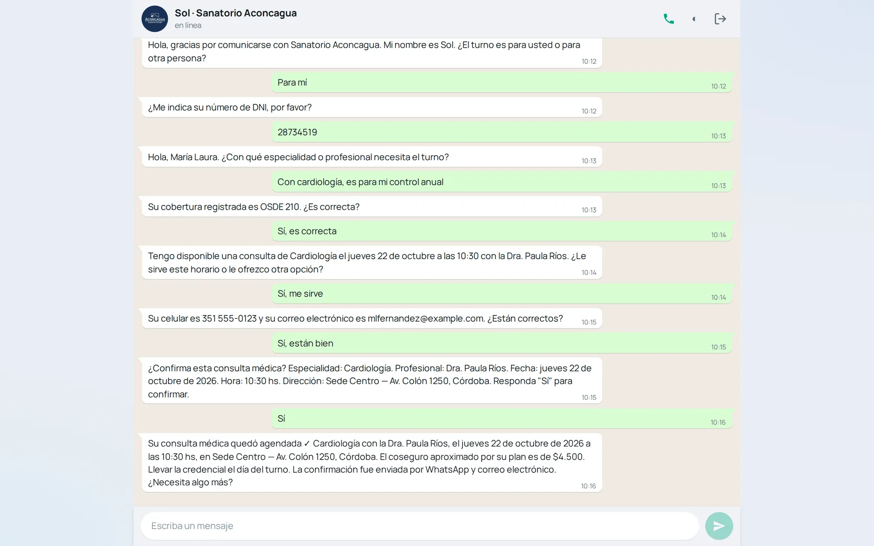 SOFiA atendiendo un pedido de turno en el chat web
