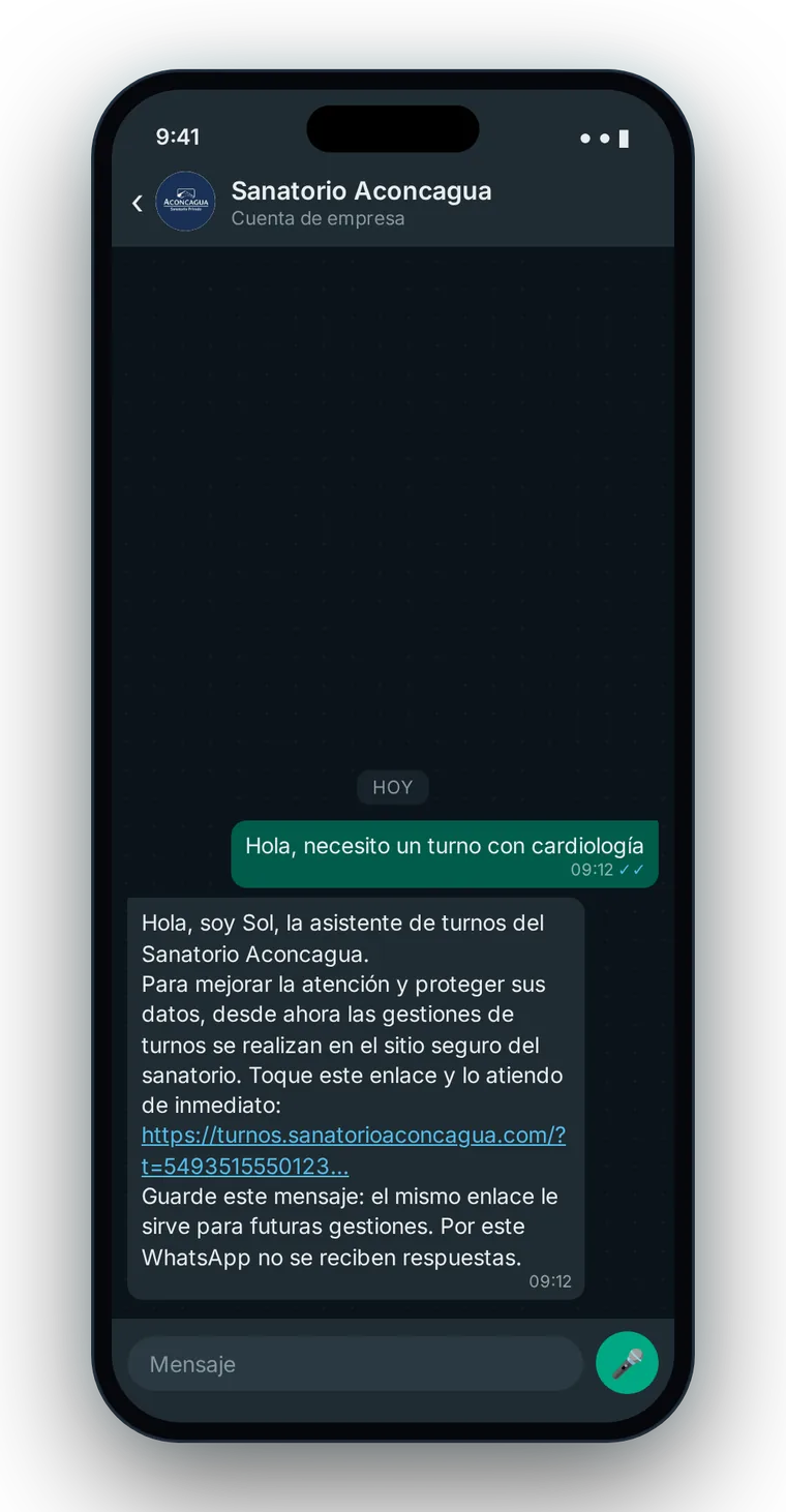 Mensaje de WhatsApp con el enlace personal al chat de turnos