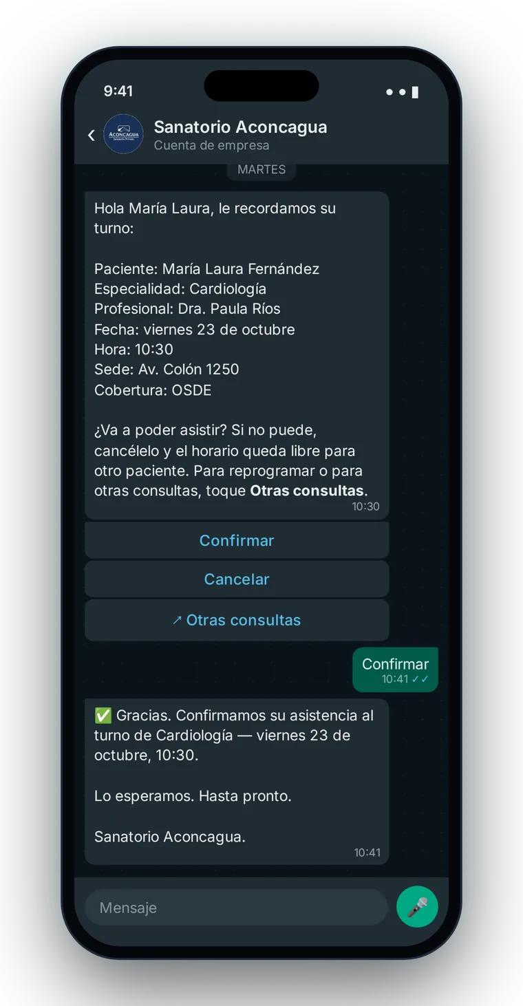 Recordatorio de turno por WhatsApp con botones